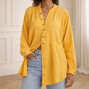 Free People We The Free Oversized Gauze Button Down Top Yellow Boho Shirt